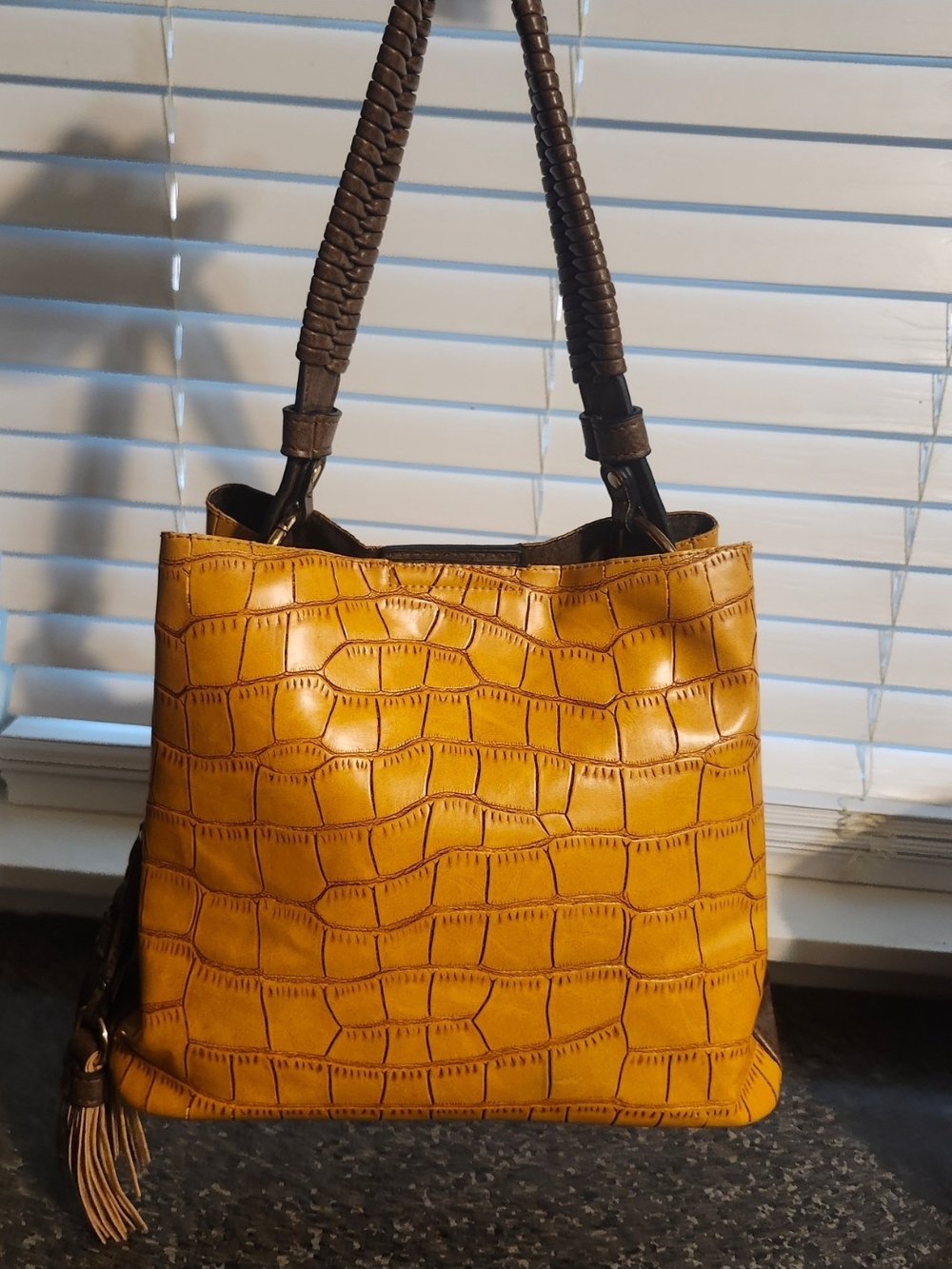 Jen & Co.  Mustard Yellow /Brown Croc-Embossed Tote Bag with Braided Handle